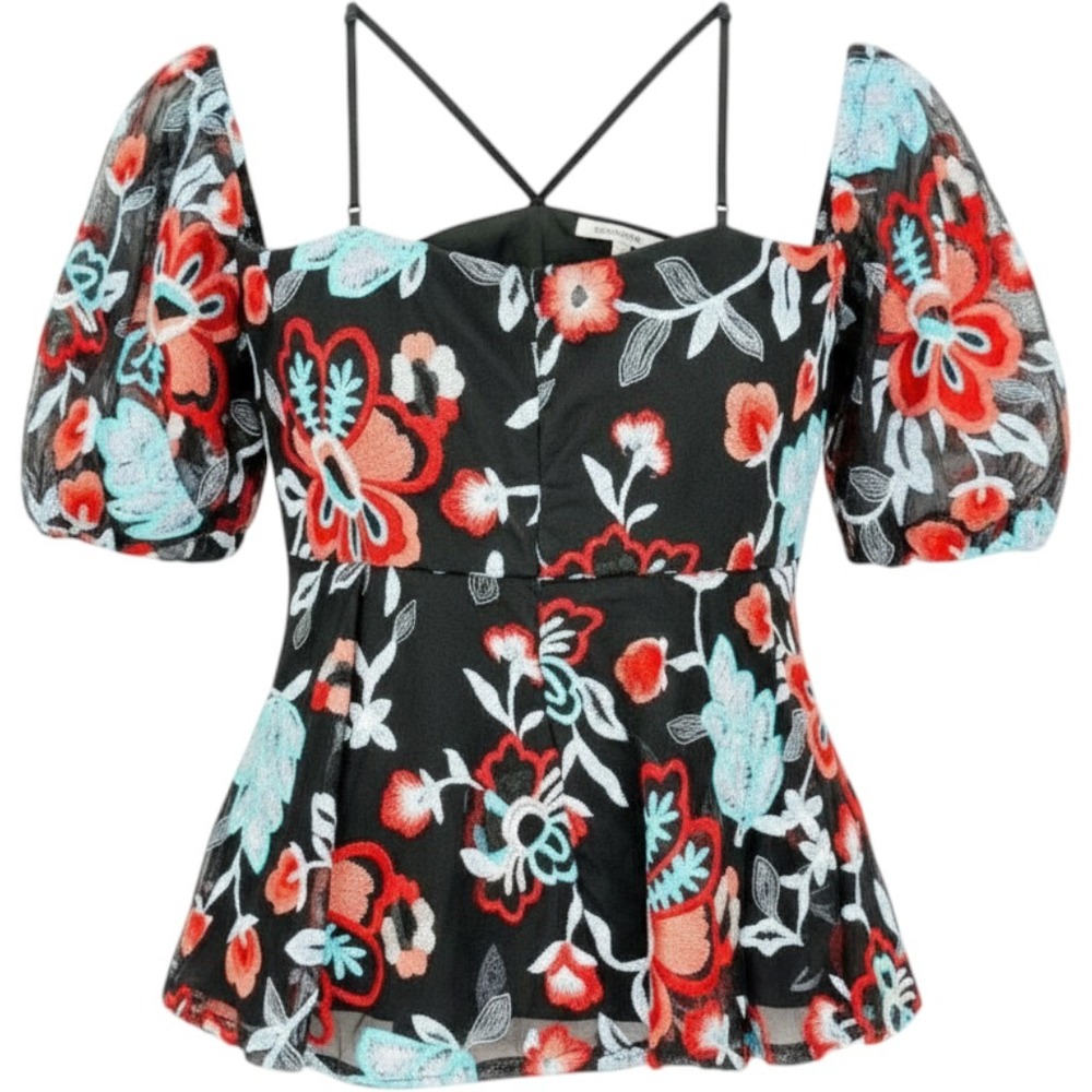 Alexia Admor Embroidered Floral Mesh Top Womens Large Black Puff Sleeve Peplum